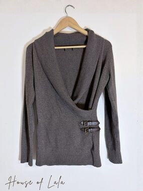 Angora Blend Taupe Wrap Sweater Buckle Detail. Elevated Cozy Chic